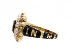 Antique onyx flower cameo, pearl and black enamel memorial ring in yellow gold