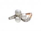 Edwardian Three Stone Pearl & Diamond Twist Ring in Platinum on Gold