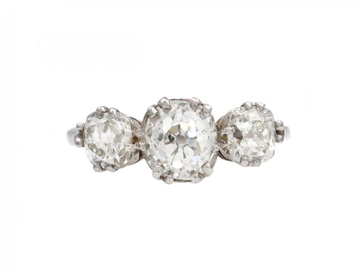 Vintage Graduating Cushion Shape Diamond Three Stone Ring