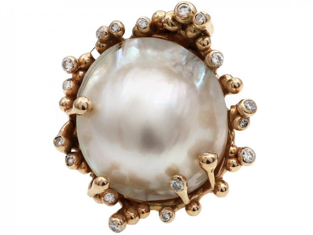Vintage Large Mabe Pearl & Diamond Cocktail Ring in 18kt Gold