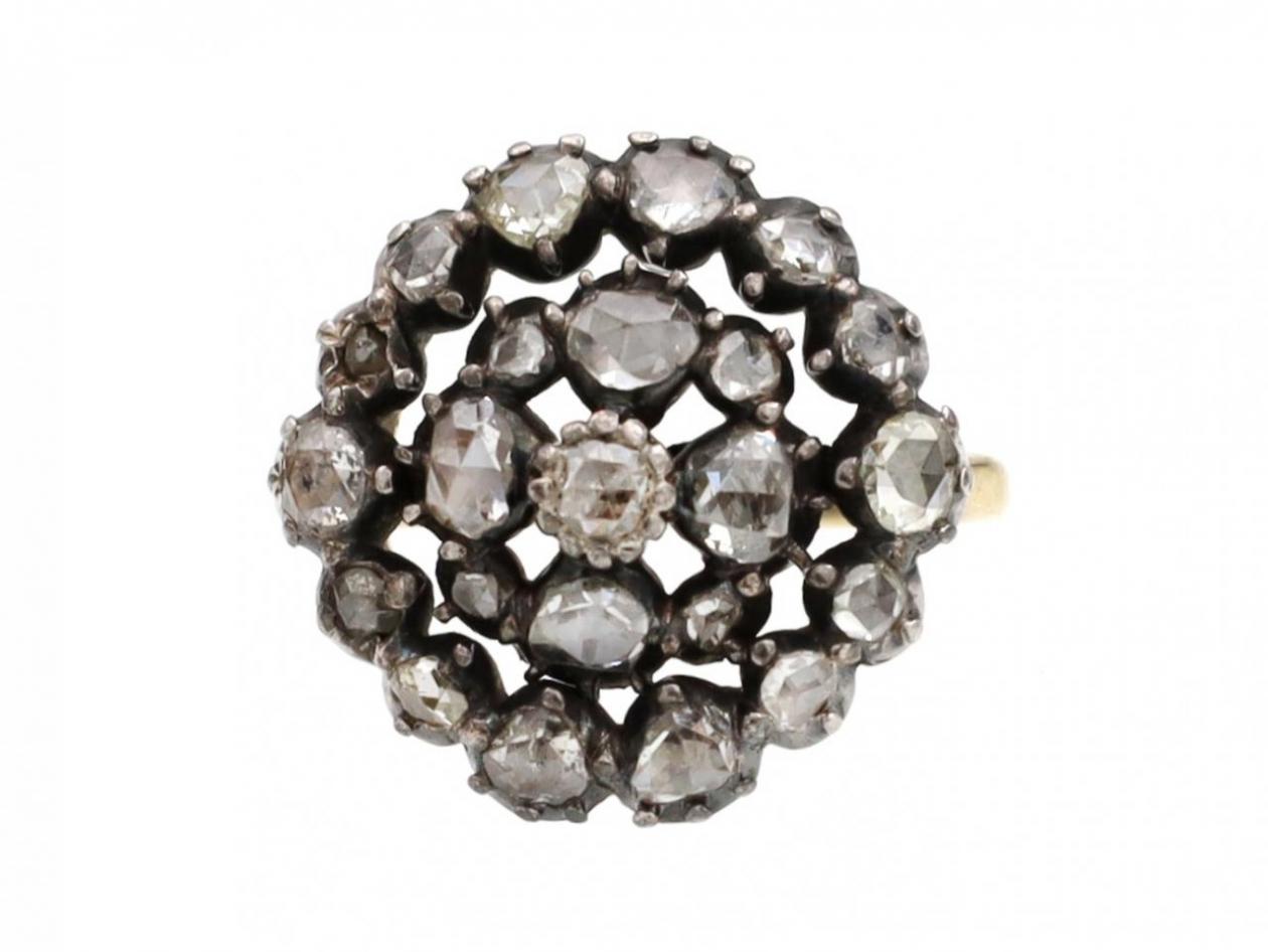 Early Victorian Rose Cut Diamond Circular Cluster Ring in Silver on Gold
