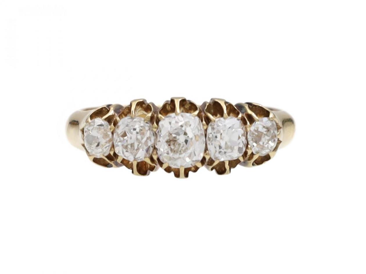 Victorian Cushion Cut Diamond Five Stone Ring in 18kt Yellow Gold