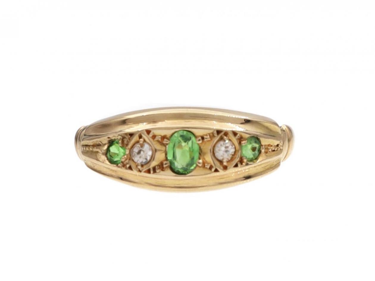 Antique demantoid garnet and diamond five stone ring in 18kt gold