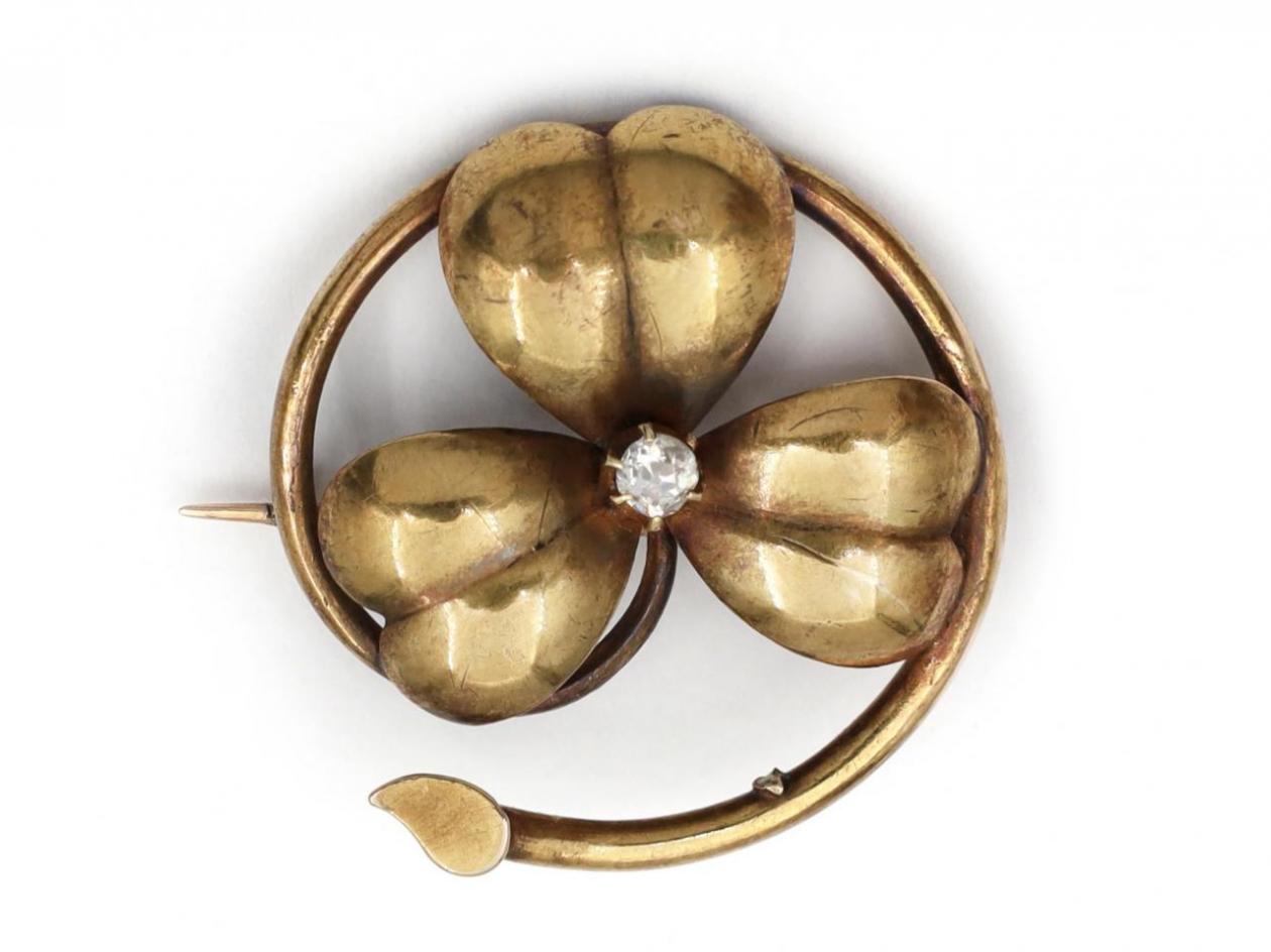 Antique Diamond Set Shamrock Brooch in Yellow Gold