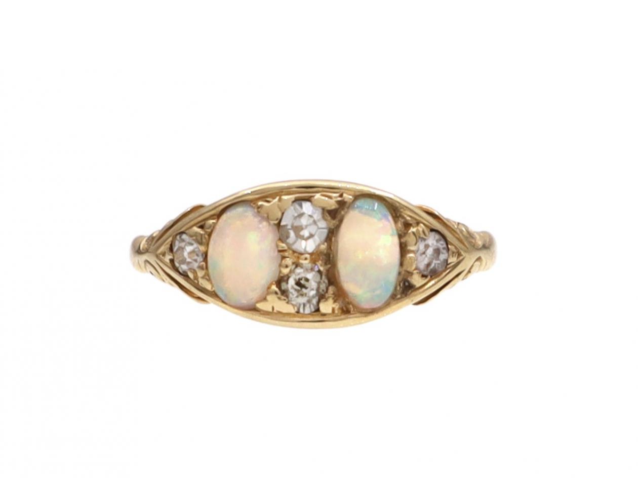 Victorian Two Stone Opal & Diamond Navette Cluster Ring in Gold