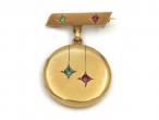 Antique Emerald & Ruby Circular Locket Brooch in Gold