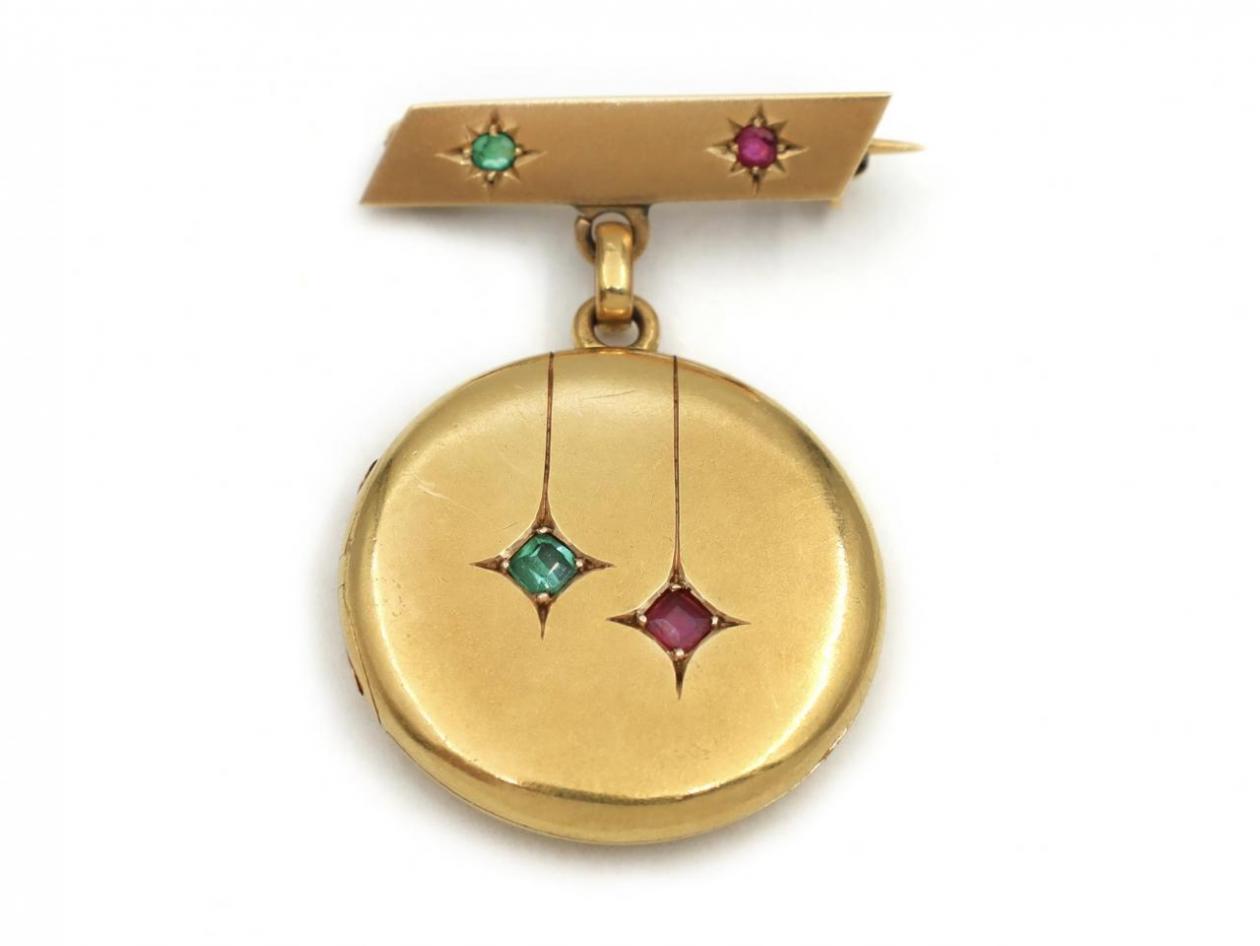 Antique Emerald & Ruby Circular Locket Brooch in Gold