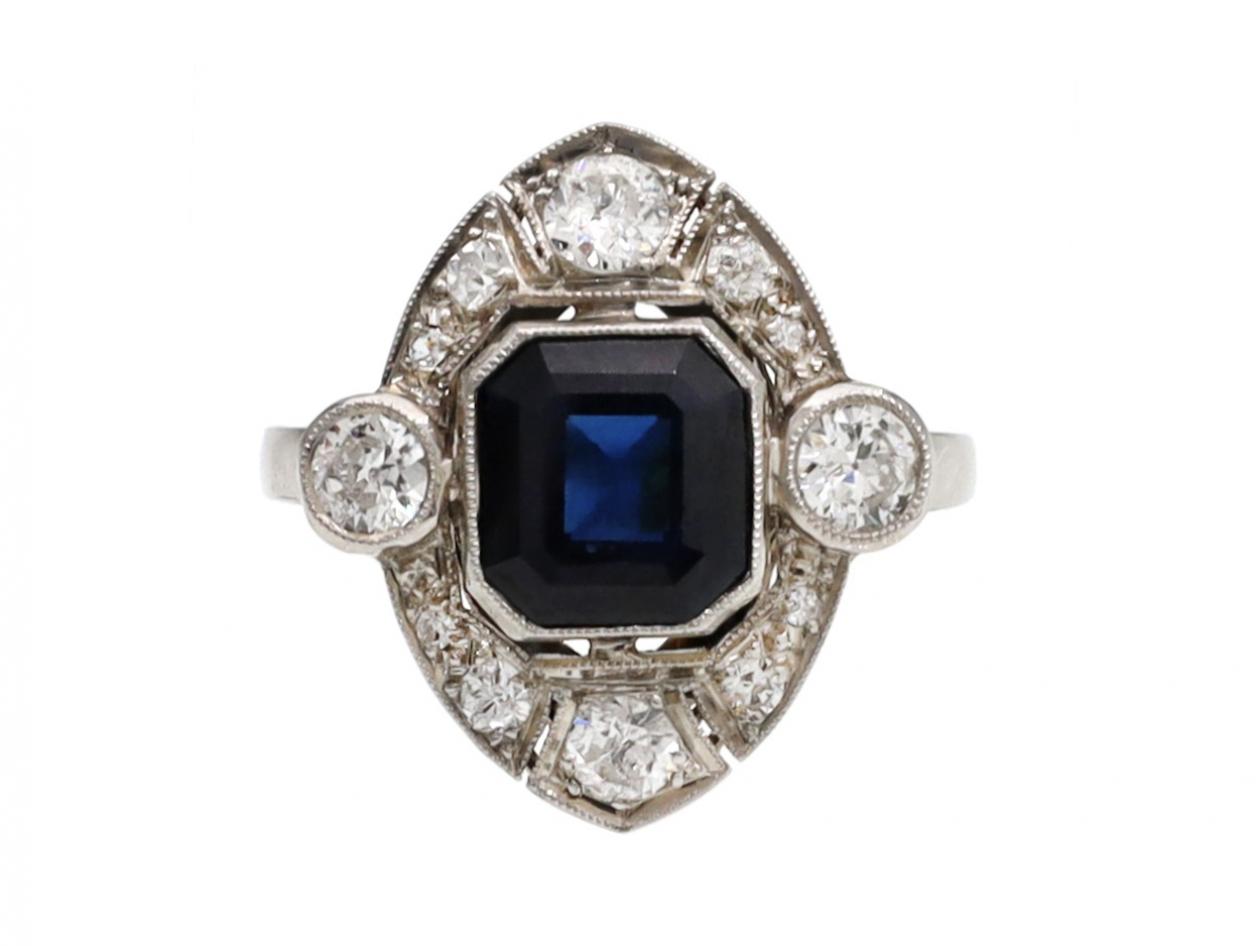 Art Deco Sapphire & Diamond Plaque Cluster Ring in Platinum
