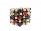 Vintage Five Strand Ring set with Pearls, Emeralds, Sapphires and Rubies