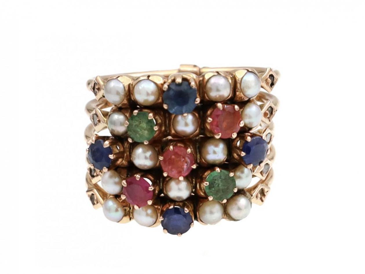Vintage Five Strand Ring set with Pearls, Emeralds, Sapphires and Rubies