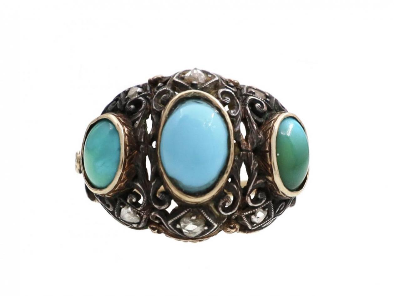 Bohemian Turquoise & Rose Cut Diamond Ring in Silver and Gold