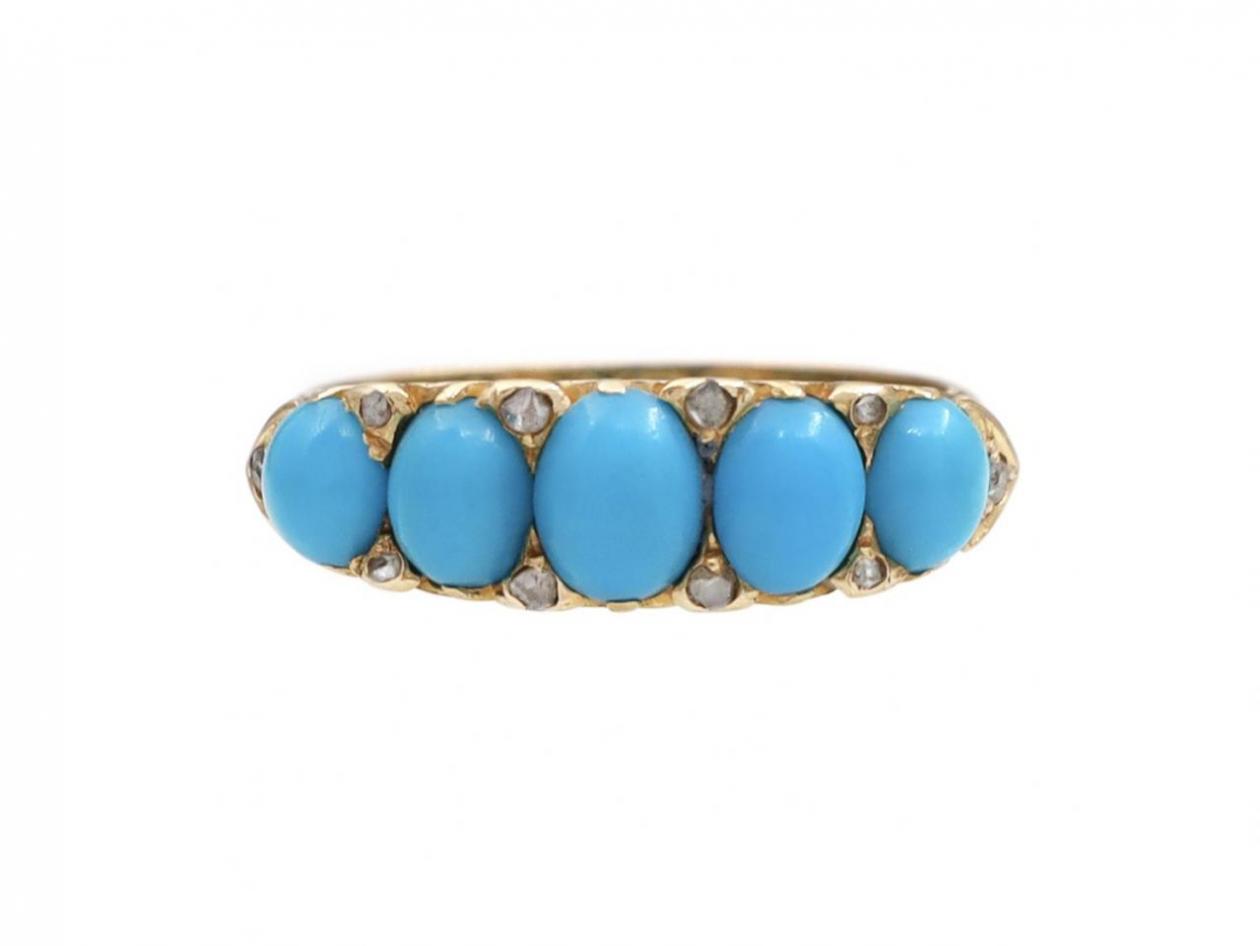 Victorian Turquoise Five Stone Carved Ring in 18kt Yellow Gold