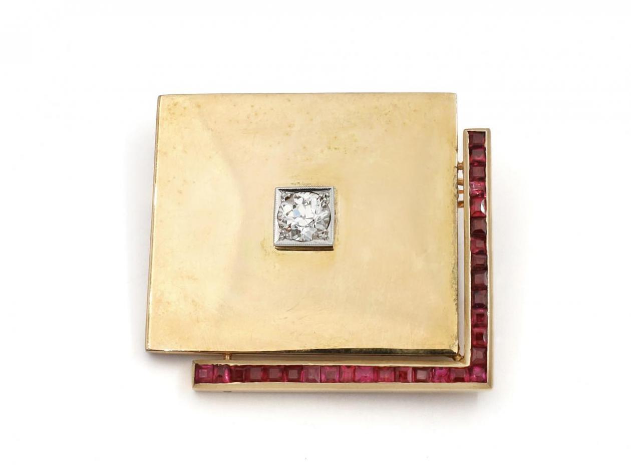 Retro 18kt Yellow Gold, Diamond & Ruby Square Brooch