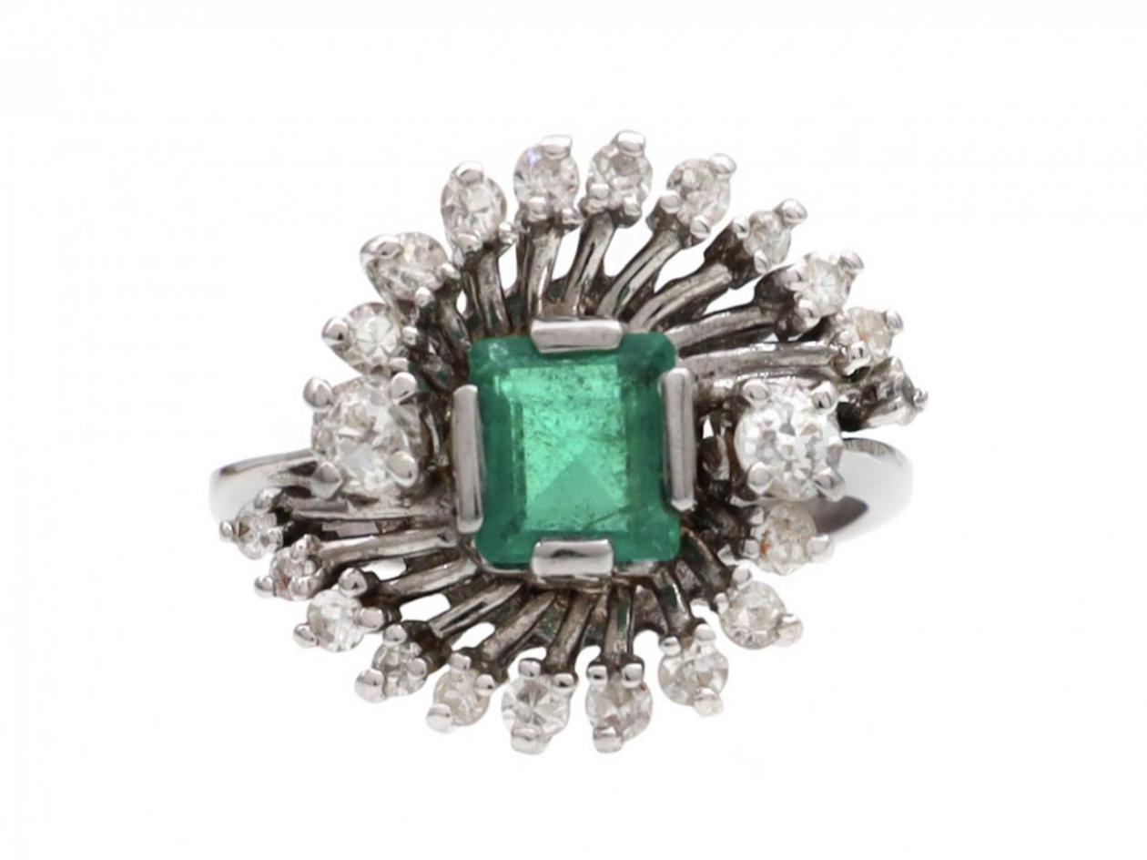 Modern Emerald & Diamond Flaring Fancy Cluster Ring