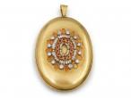 Antique Large Oval Pendant set with Freshwater Pearls, Rubies & Diamonds