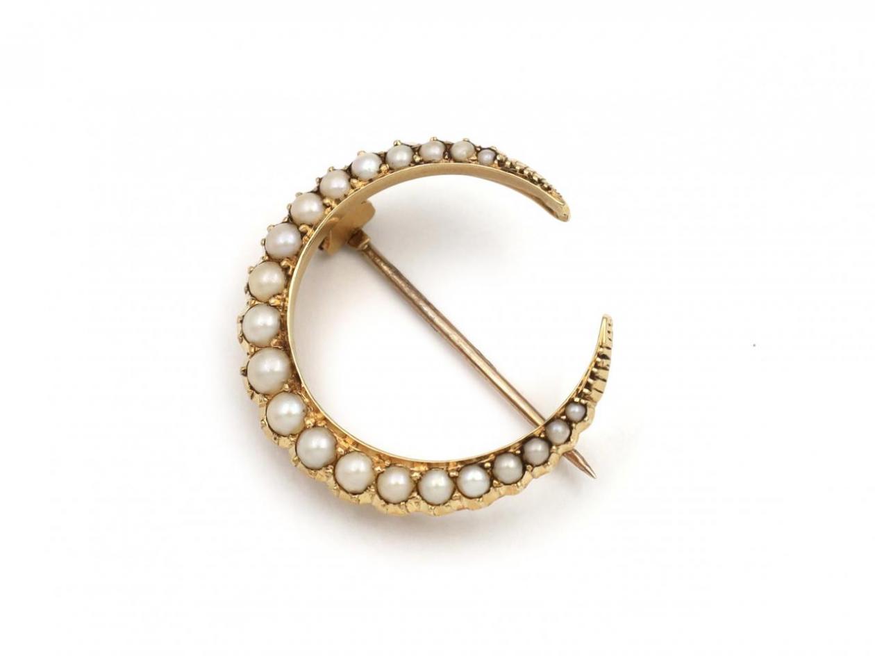 Antique natural pearl crescent moon brooch in 18kt yellow gold
