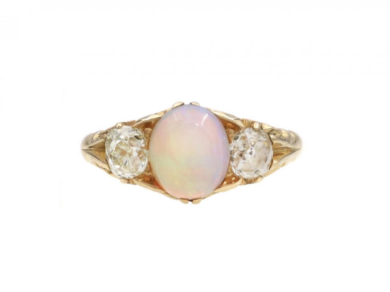Victorian opal and diamond three stone carved ring in gold