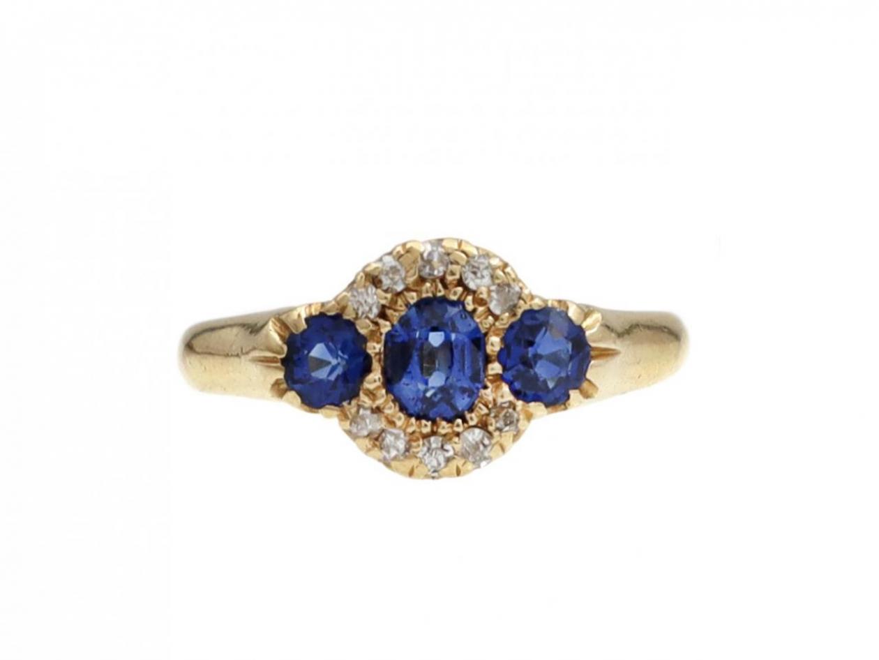 Edwardian Sapphire & Diamond Three Stone Cluster Ring in Gold