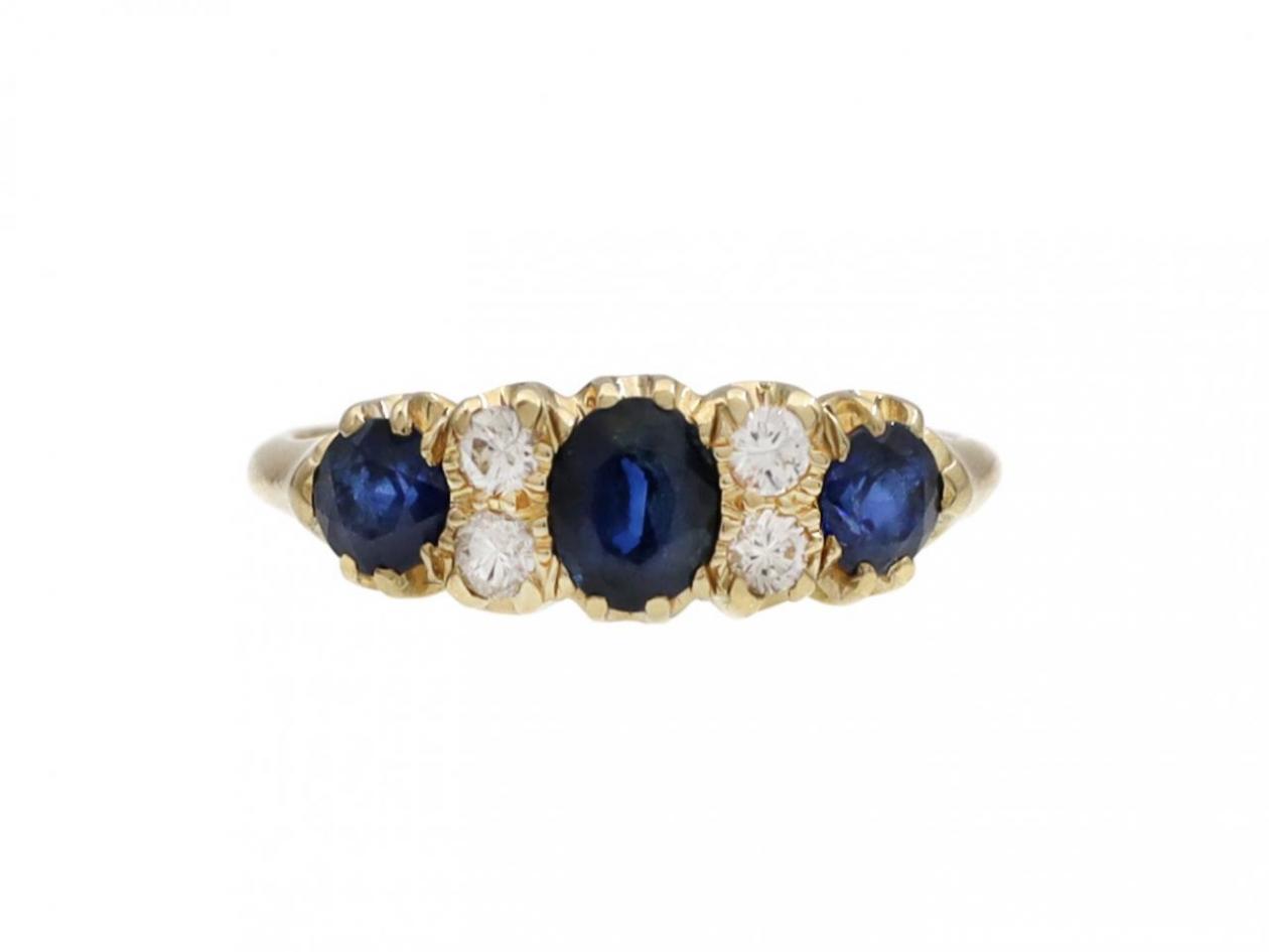 Antique sapphire and diamond three stone ring in 18kt gold