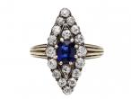 1890s sapphire and diamond navette cluster ring in silver on 18kt gold