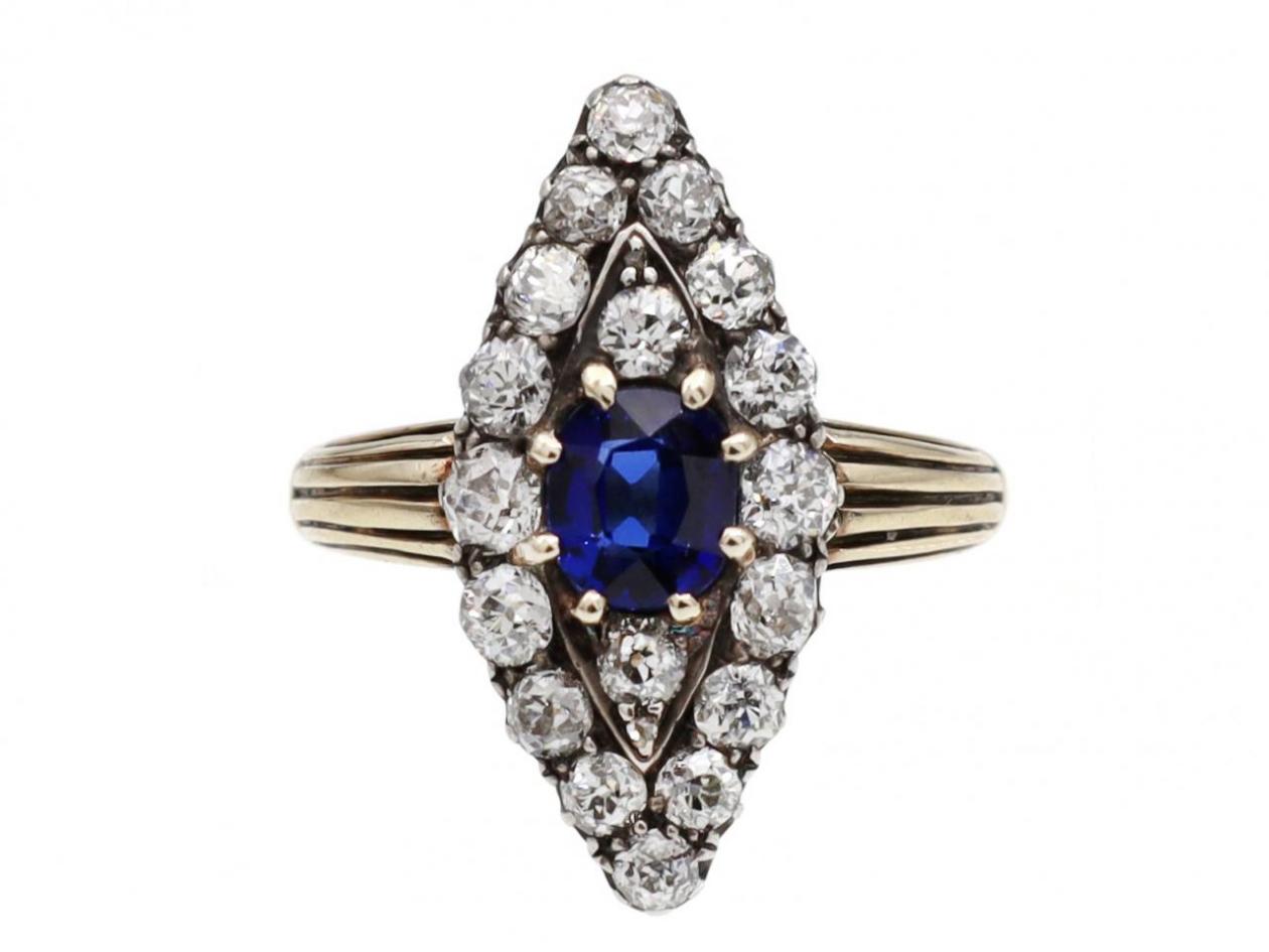 1890s sapphire and diamond navette cluster ring in silver on 18kt gold