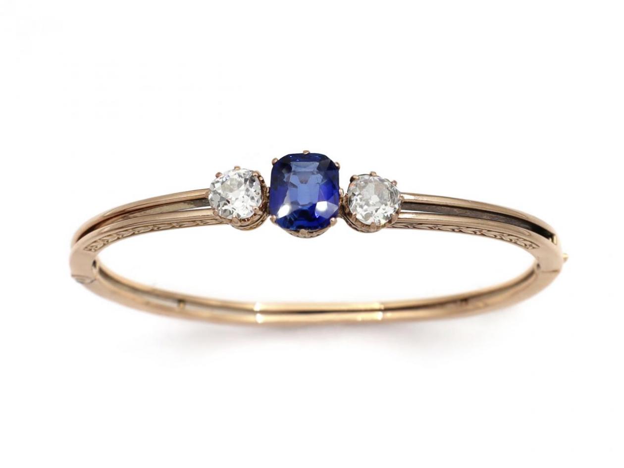 Antique sapphire and diamond three stone hinged bangle