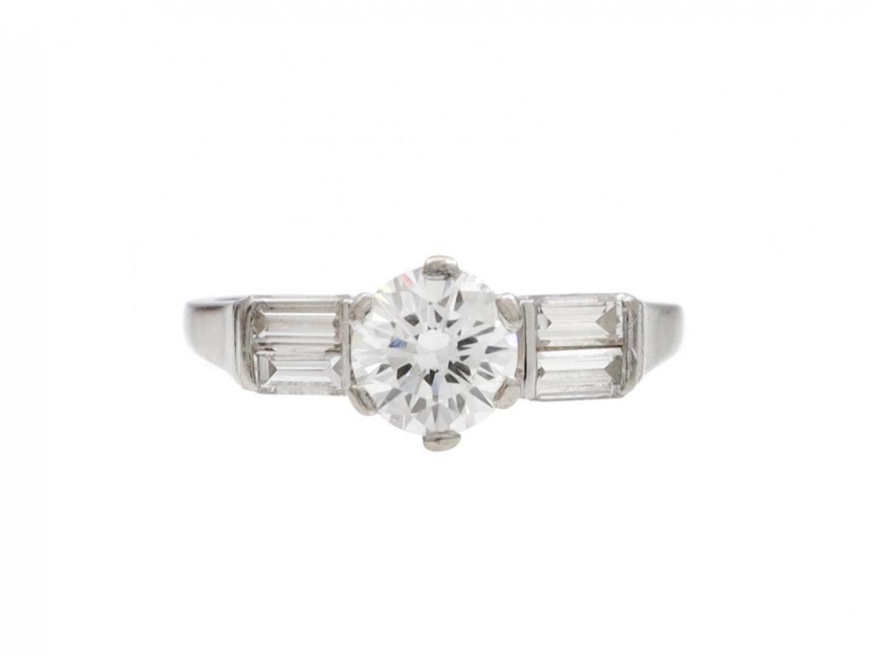1950s Diamond Solitaire Engagement Ring with Baguette Shoulders