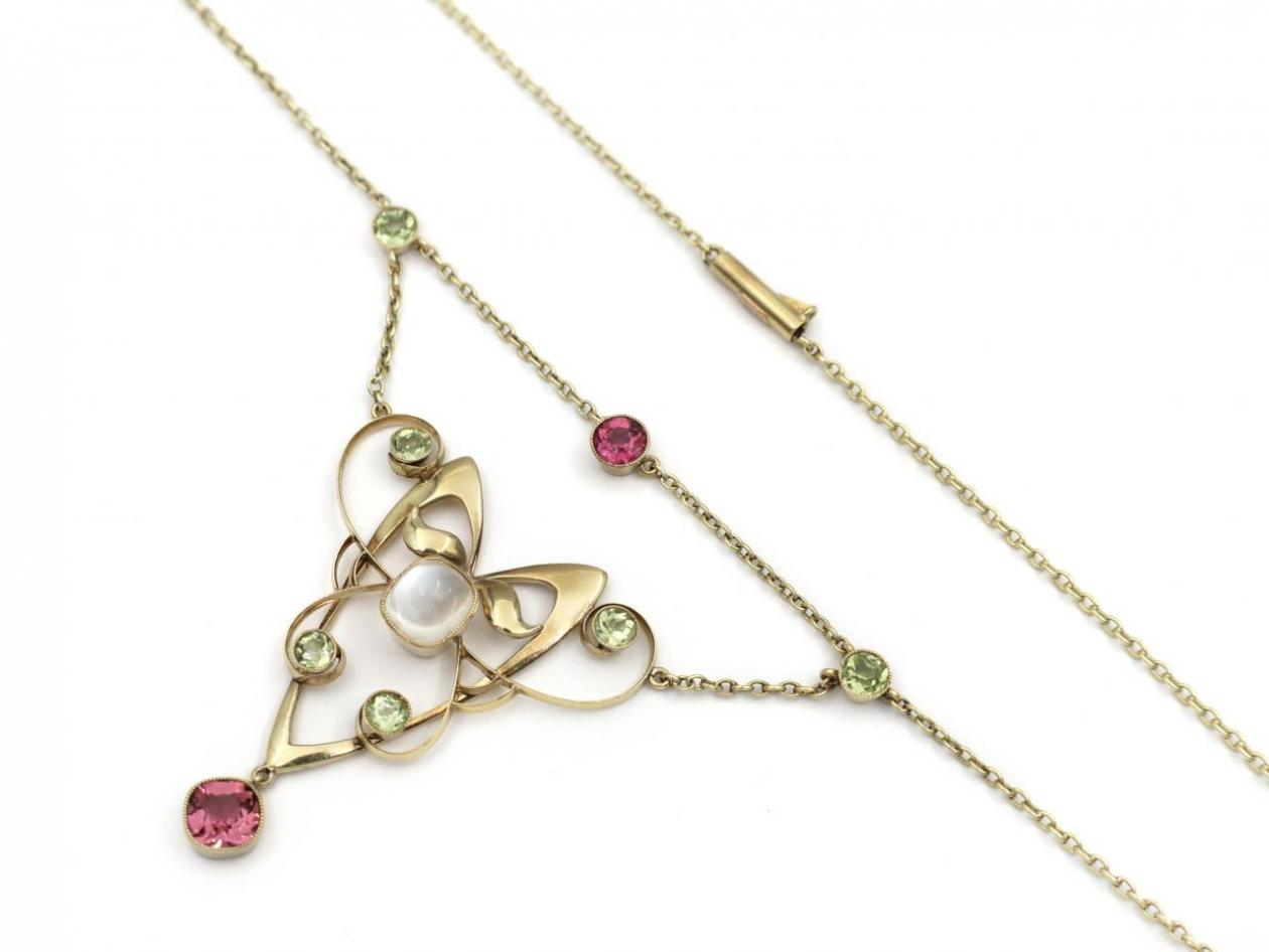 Antique Moonstone, Tourmaline & Peridot Suffragette Necklace in gold