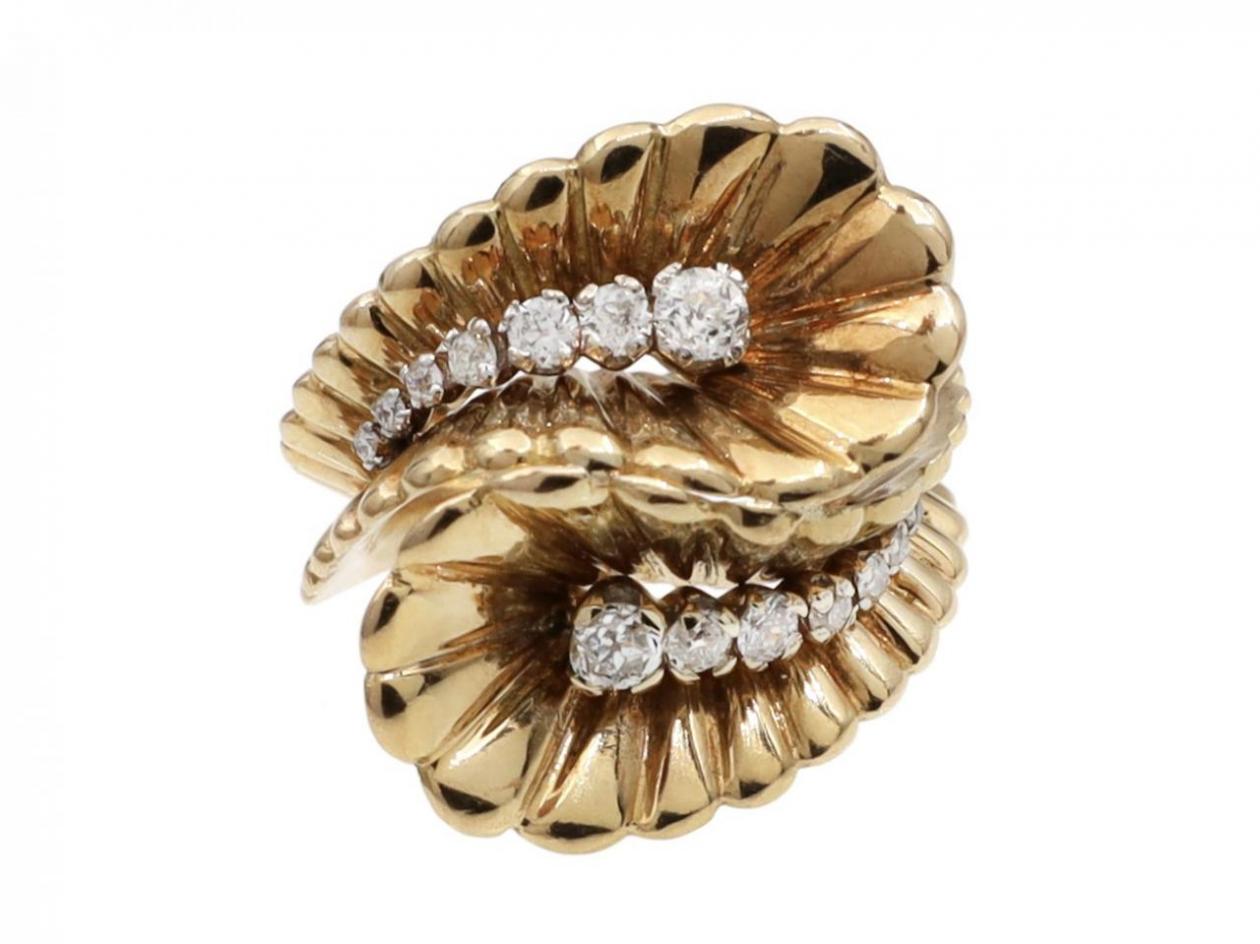 Retro diamond set bypass flare ring in 18kt yellow gold