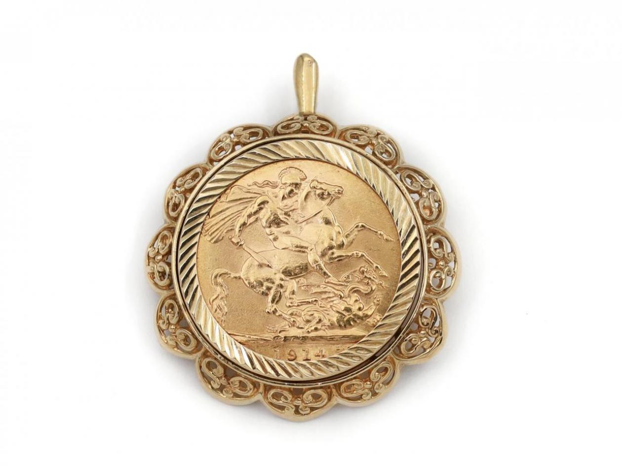 1980s Sovereign Coin Pendant Brooch in 9kt Gold