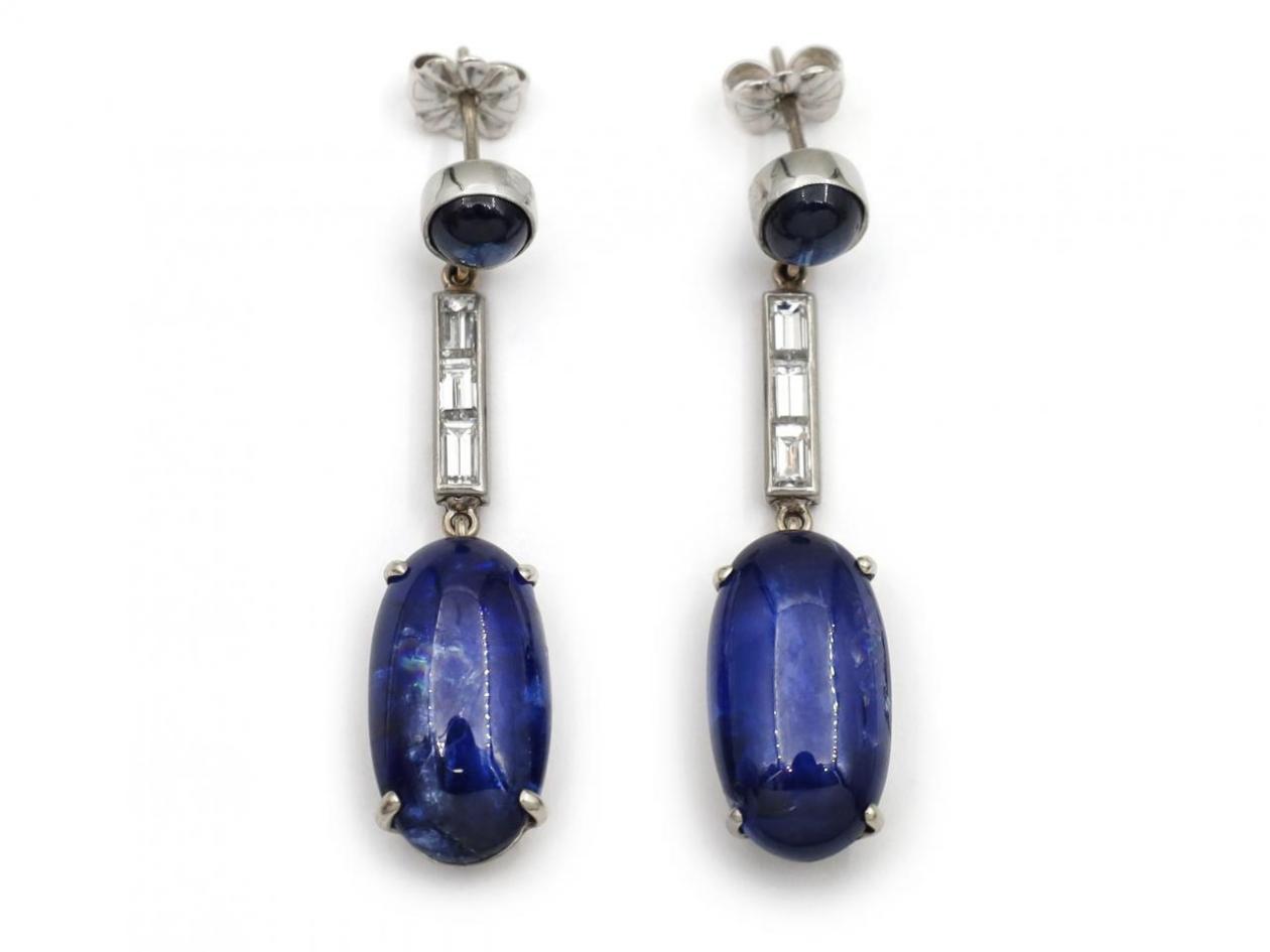 Art Deco Cabochon Sapphire & Diamond Drop Earrings