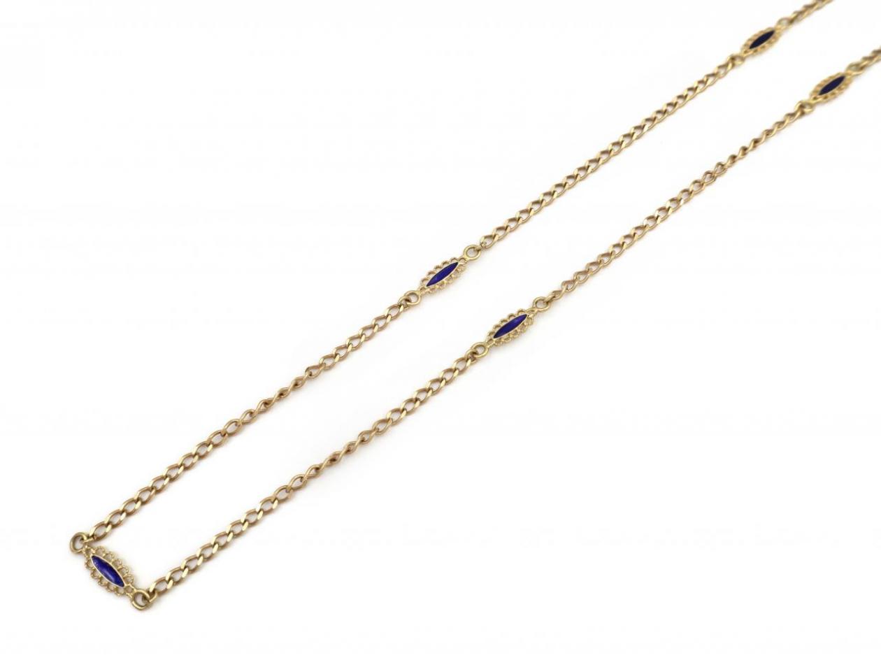 Vintage Yellow Gold Long Guard Chain with Blue Enamel Terminals