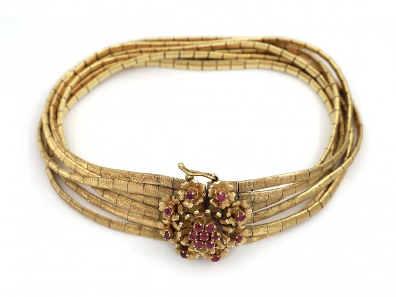 Retro Ruby Floral Cluster & Six Strand Frosted Bracelet in 18kt Gold
