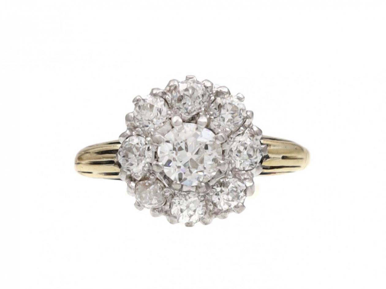 Edwardian Diamond Coronet Cluster Ring with Ribbed Shoulders