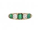 Victorian Emerald & Diamond Five Stone Carved Ring in 18kt Yellow Gold