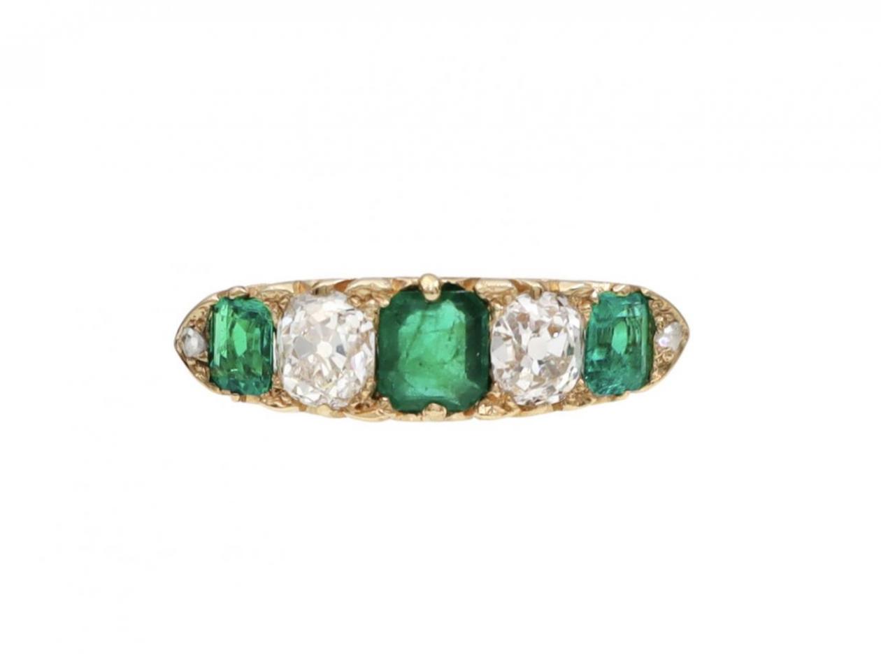 Victorian Emerald & Diamond Five Stone Carved Ring in 18kt Yellow Gold