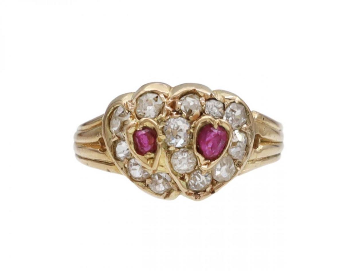 Victorian ruby and diamond double heart ring in 18kt yellow gold