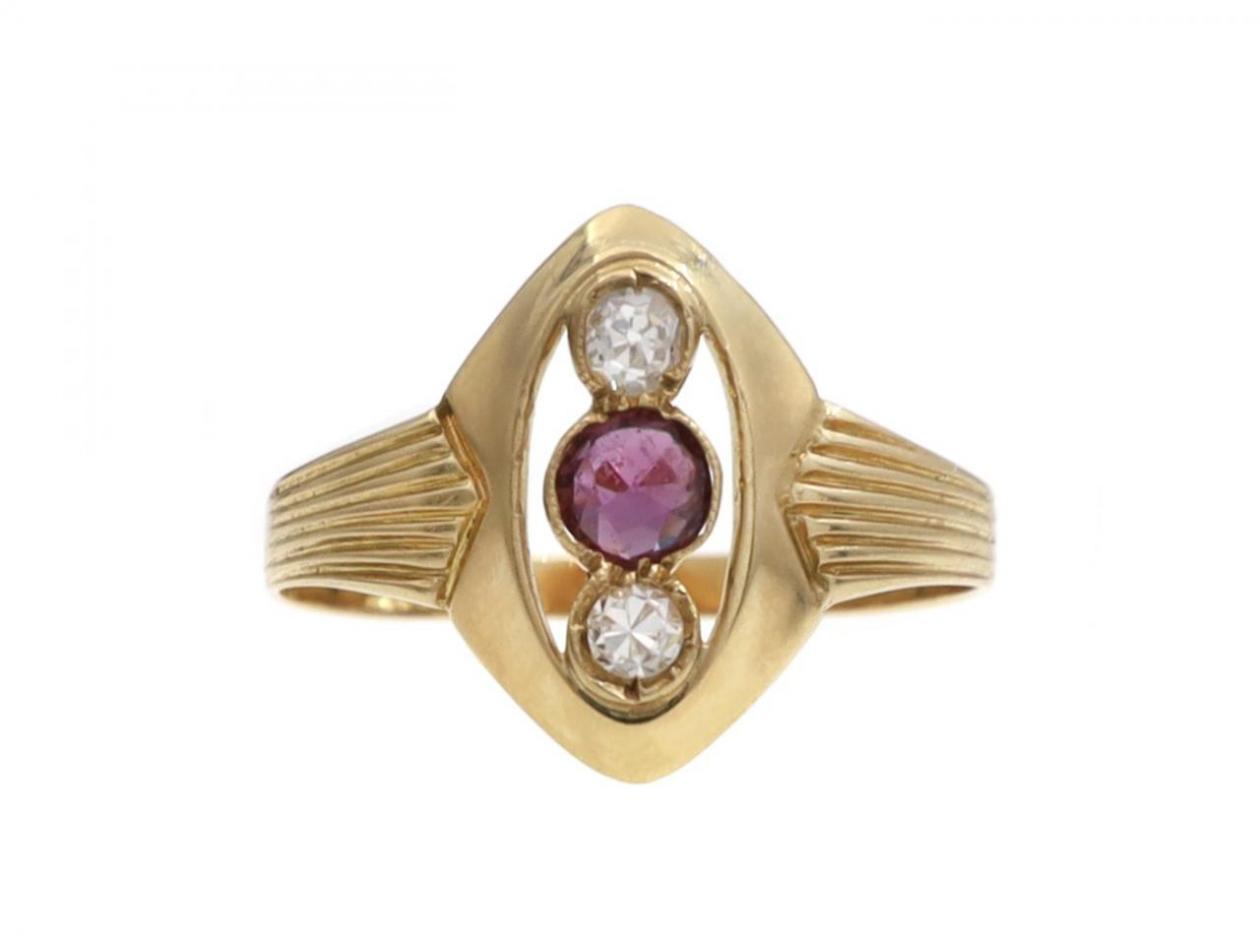 Antique 18kt Yellow Gold Ruby & Diamond Vertical Three Stone Ring