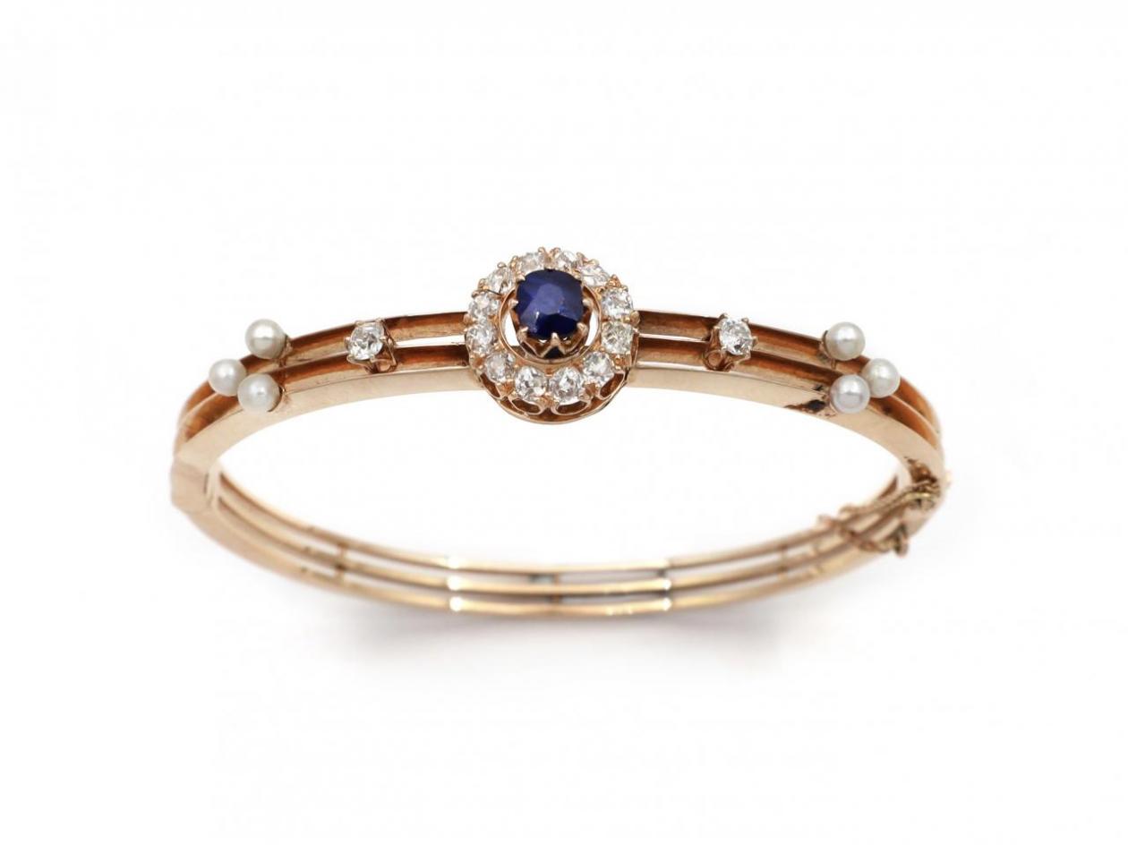 Antique Sapphire, Diamond & Pearl Hinged Bangle in 18kt Rose Gold