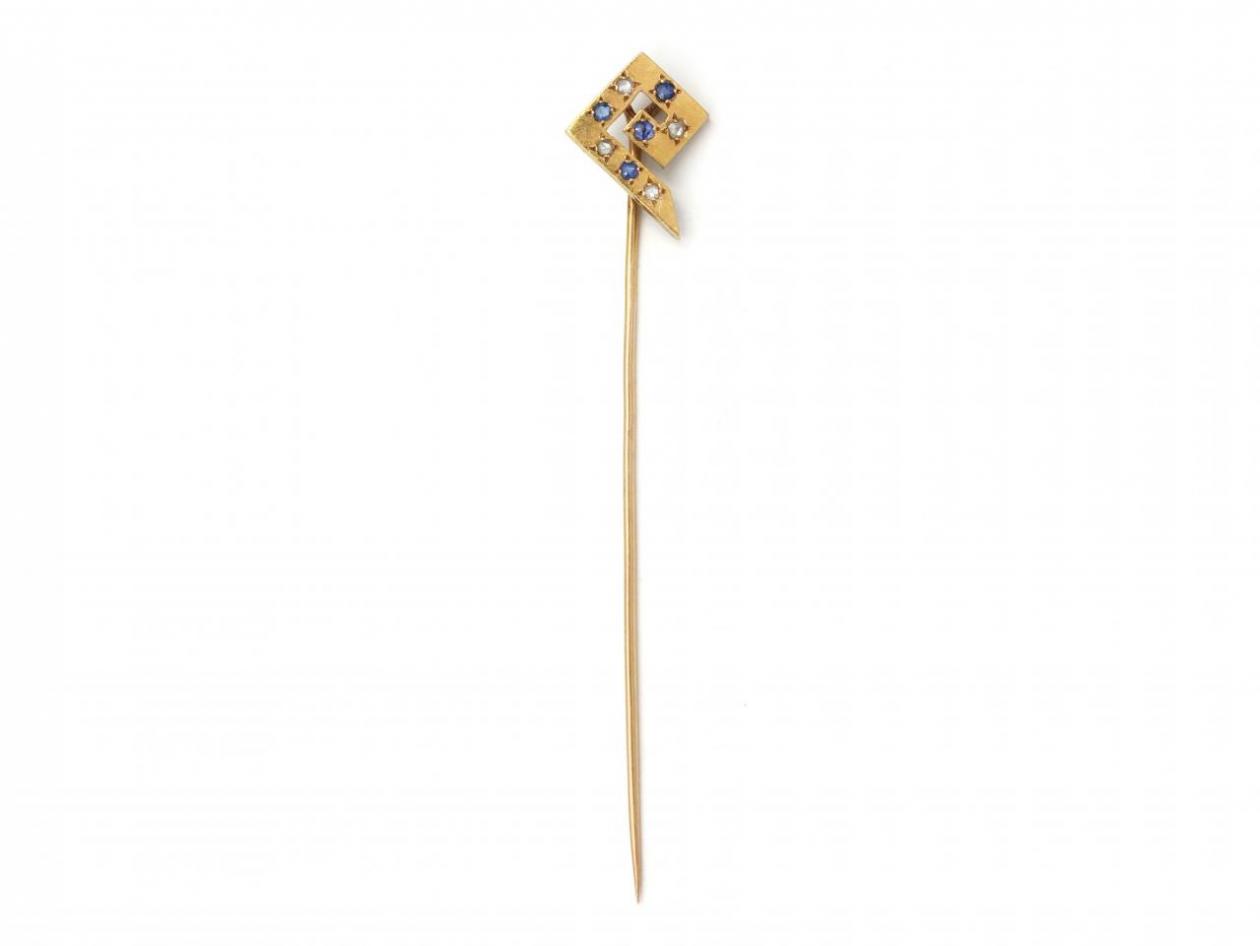 Antique sapphire and diamond Greek key stickpin in yellow gold