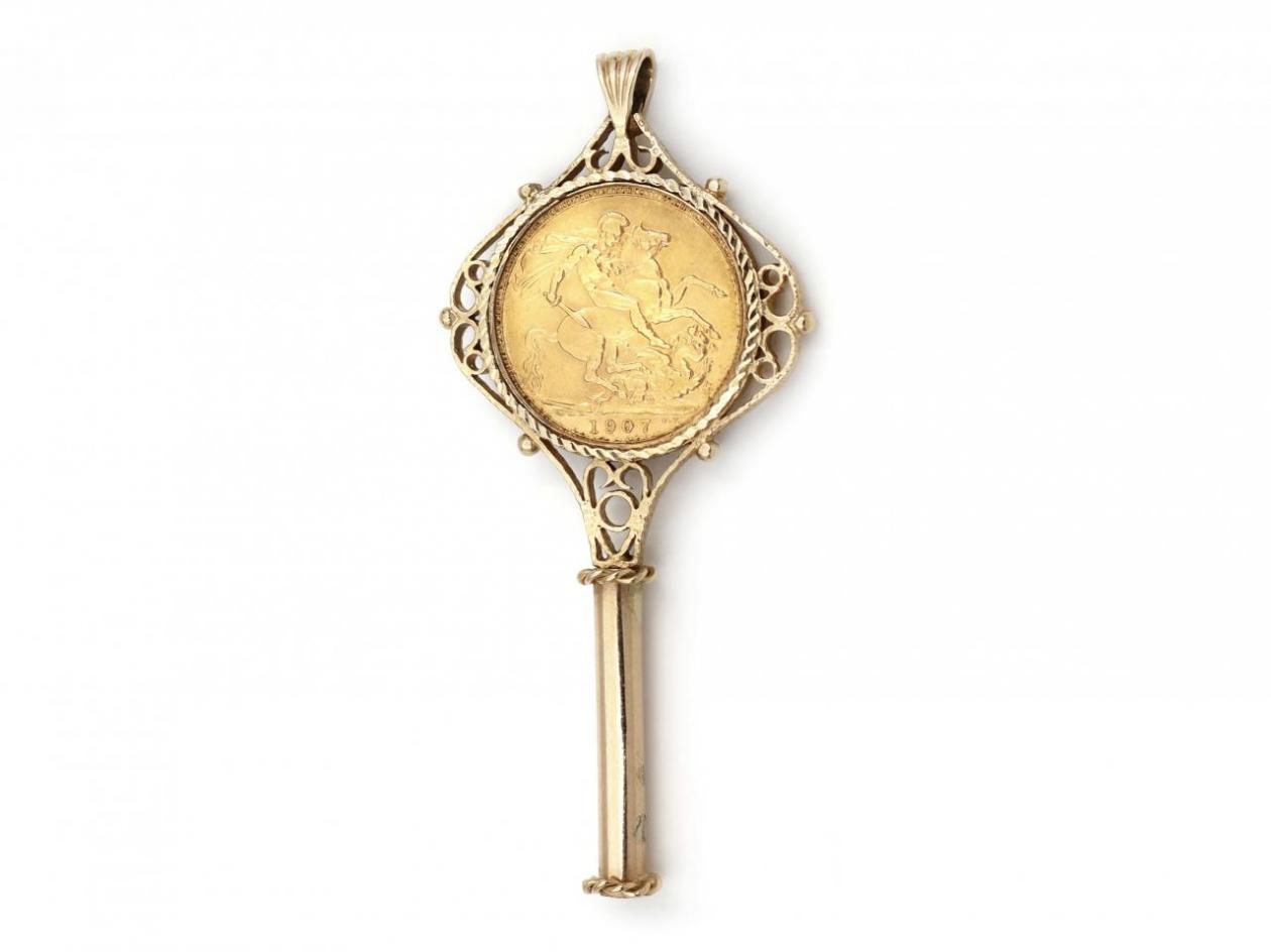 Antique Yellow Gold Key Wind & Half Sovereign Coin Pendant