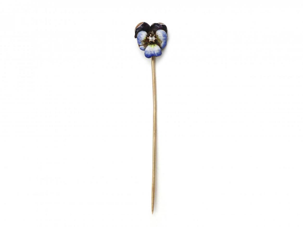 Antique diamond and fine enamel posy stickpin in gold