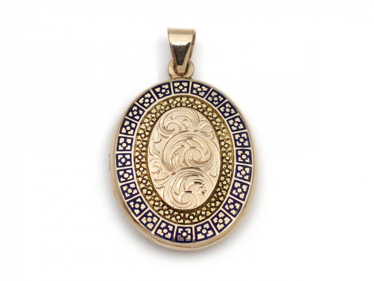 Vintage blue enamel and 9kt yellow gold oval locket