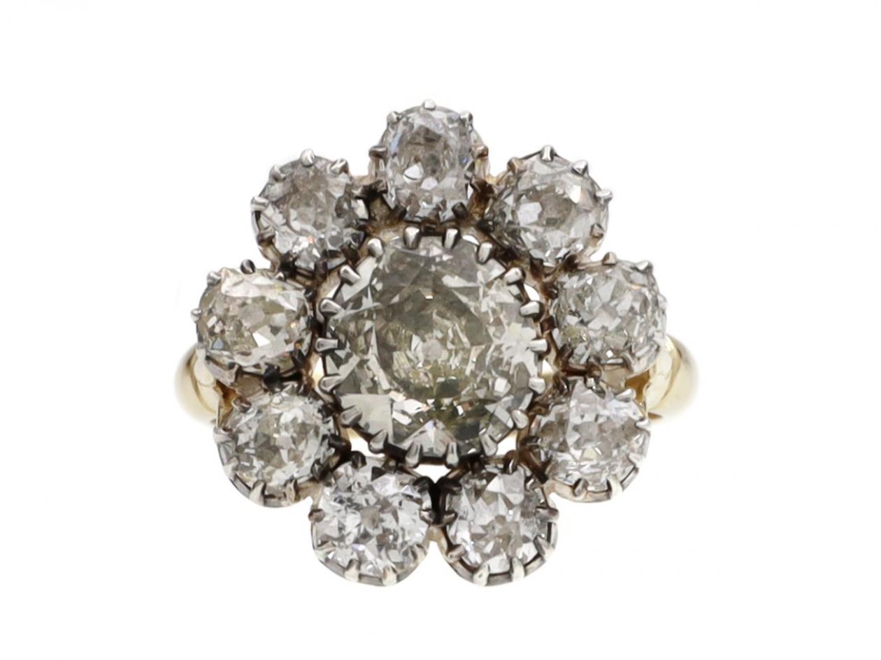 Antique foiled back diamond floral cluster ring in silver and gold
