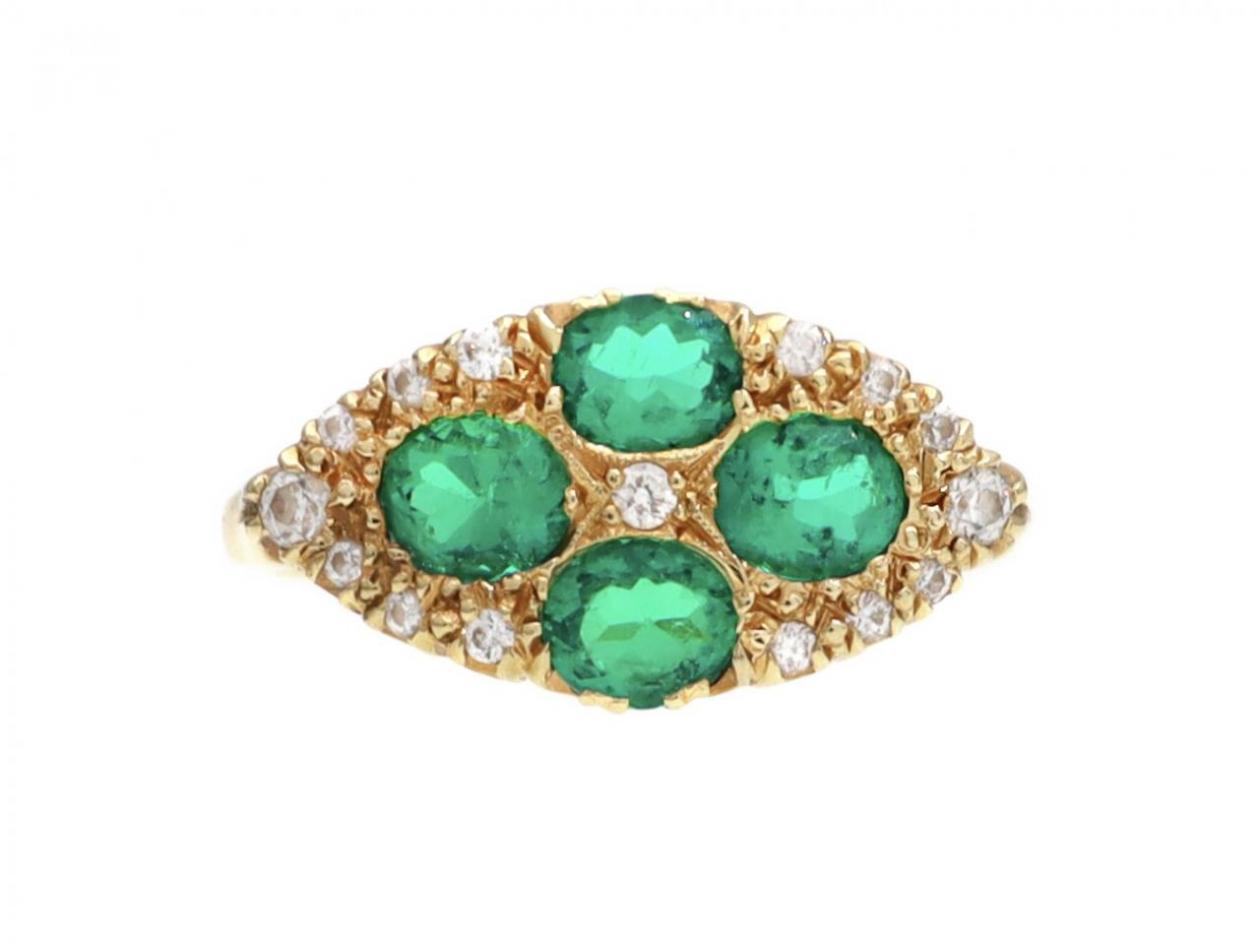 Victorian style emerald and diamond horizontal marquise cluster ring