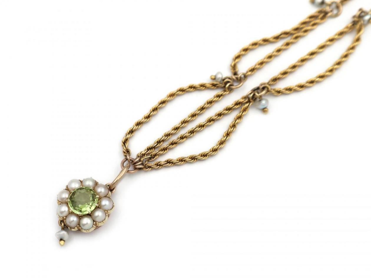 Antique peridot and natural pearl necklace with swags