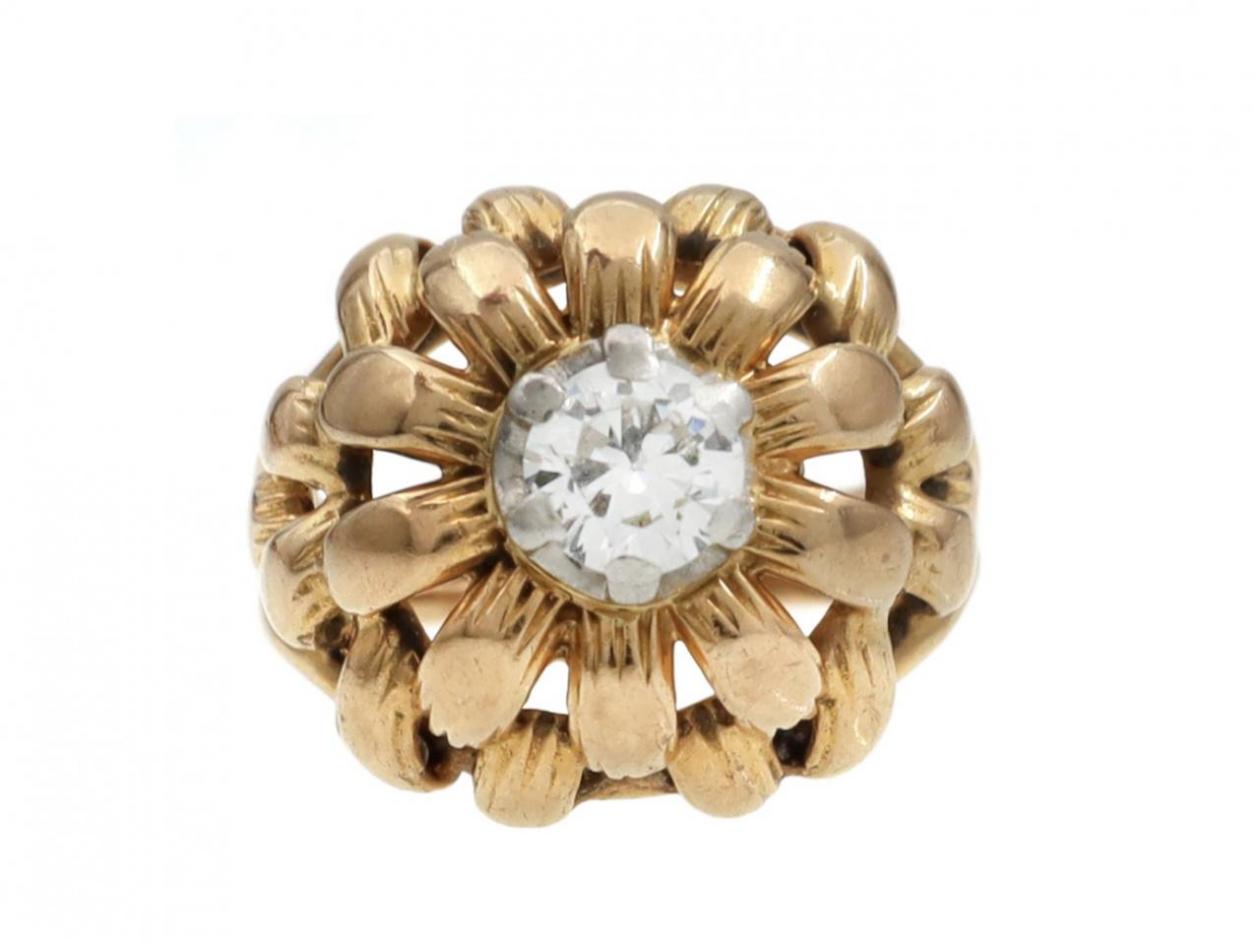 1970s Diamond Set Floral Bombe Ring in 18kt Yellow Gold