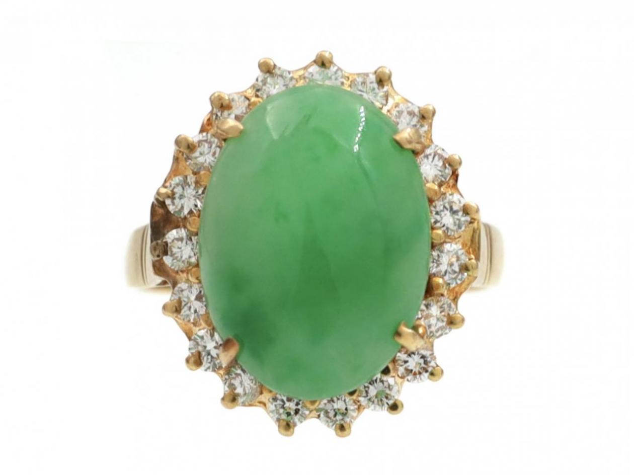 Contemporary jade and diamond oval cluster ring in 18kt gold