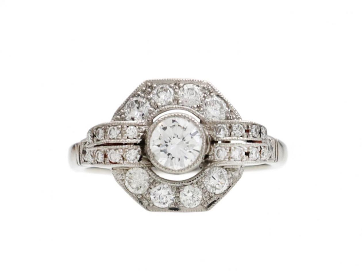 Art Deco style octagonal shape diamond cluster ring in platinum