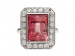 Vintage orangey pink tourmaline and diamond rectangular cluster ring
